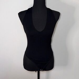 BLACK FOREVER 21 PLUNGE HALTER NECK BODY SUIT